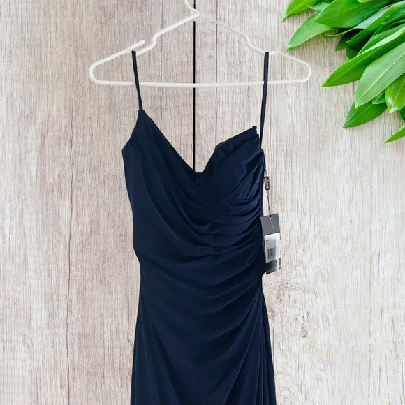 NWT La Femme Navy Gown High Slit Jersey Ruched Dress 6 MSRP $349 - Picture 4 of 10